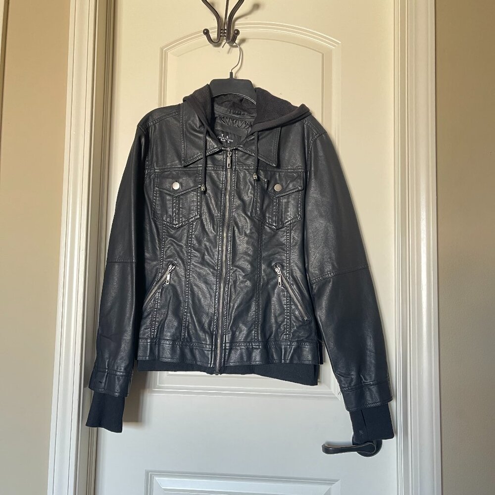 Like New LA Coalition Leather Jacket with Hood and Thumb Holes